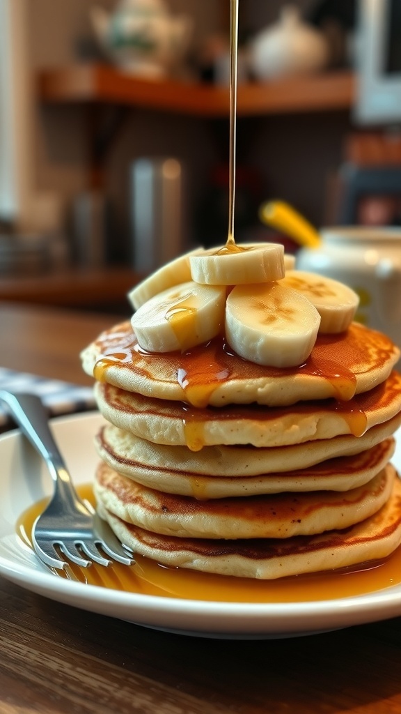 Simple 3-Ingredient Banana Pancakes Fluffy banana pancakes topped with sliced bananas and maple syrup on a white plate.
